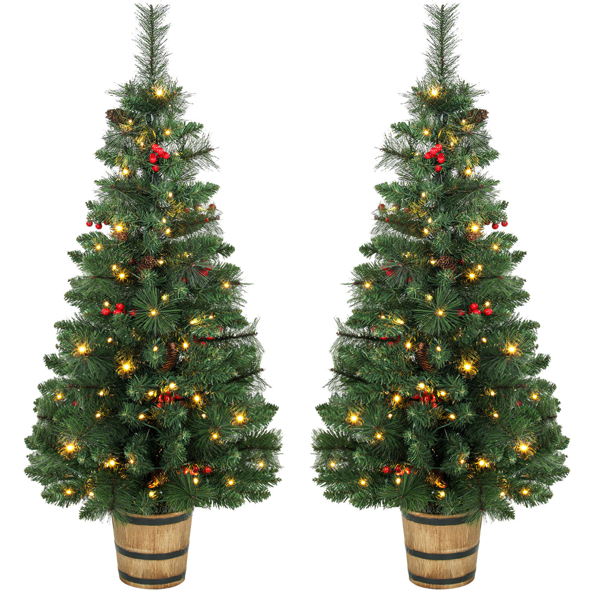 Pair of 4ft pre-lit pine Christmas trees in wooden barrel-style pots with pine cones and berries