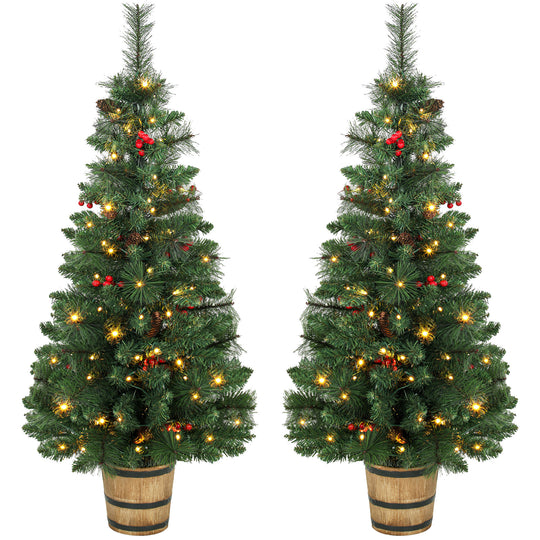 Pair of 4ft pre-lit pine Christmas trees in wooden barrel-style pots with pine cones and berries