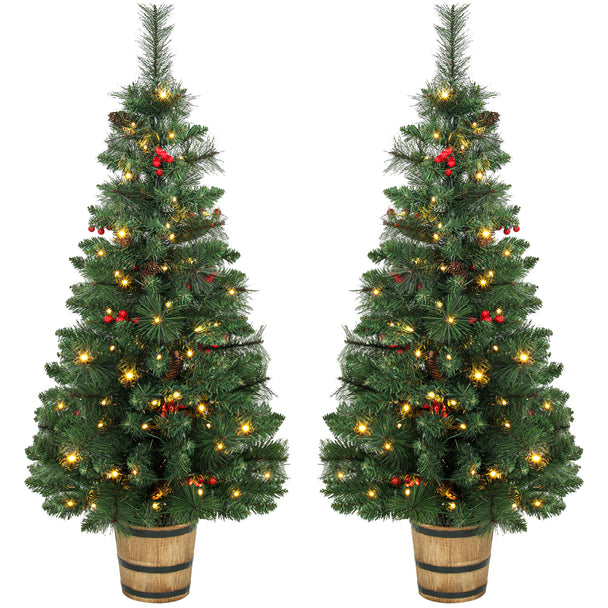 HOMCOM 2 PCs Prelit Christmas Trees with Dual-Colour LEDs, Berry, Pinecones, Battery-Operated, 11 Modes, Pot, Remote