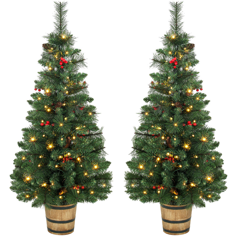 Pair of 4ft pre-lit pine Christmas trees in wooden barrel-style pots with pine cones and berries