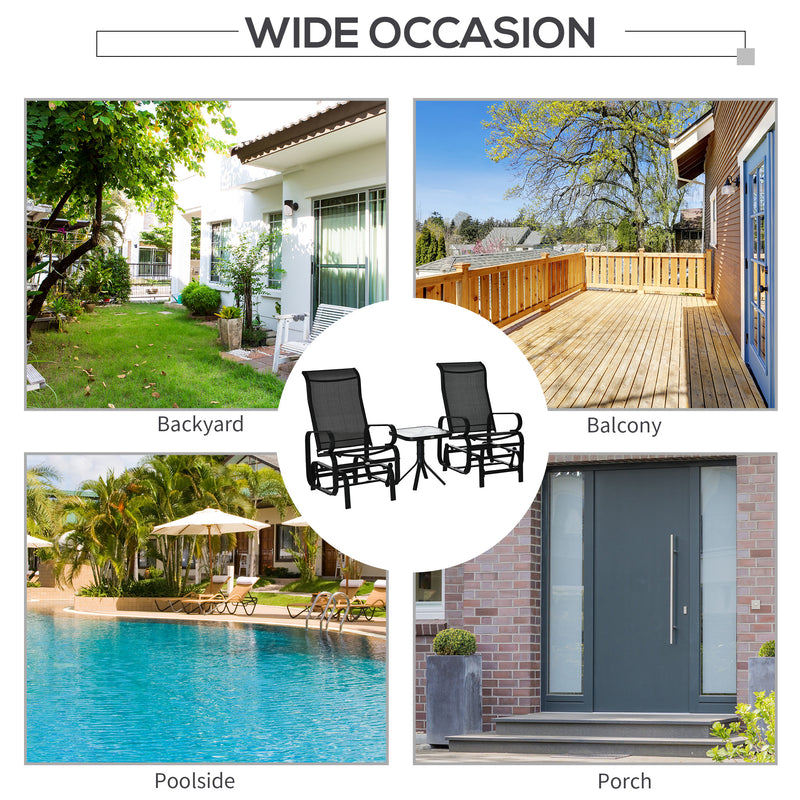 Outsunny 3 Pieces Garden Gliding Chair Set, Metal Frame 2 Single Armchair Swing Seater and 1 Glass Top Coffee Table w/ – view 7
