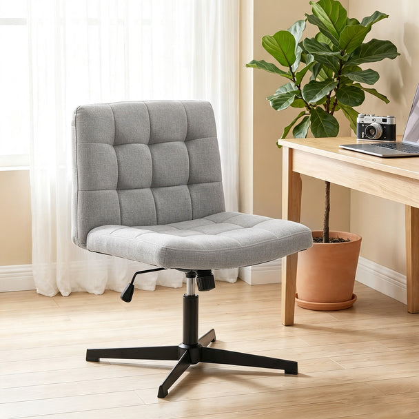 HOMCOM Armless Office Chair, Cross Legged Linen Computer Desk Vanity Chair with Wide Seat, Rocking Function, Grey – view 2