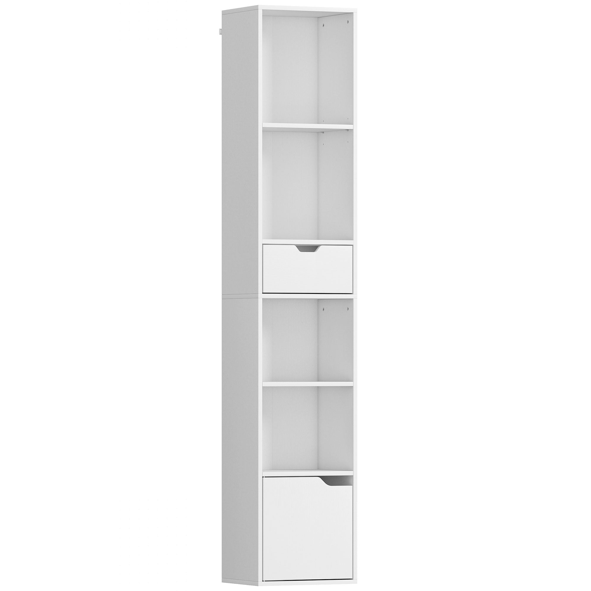 6-Tier Bookcase, Tall Narrow Bookshelf with Drawer and Door - White
