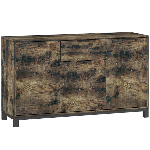 Rustic brown industrial sideboard with three doors, drawer and black steel legs