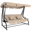 Light brown 3-seater garden swing bed with adjustable canopy, cup holders and pillows