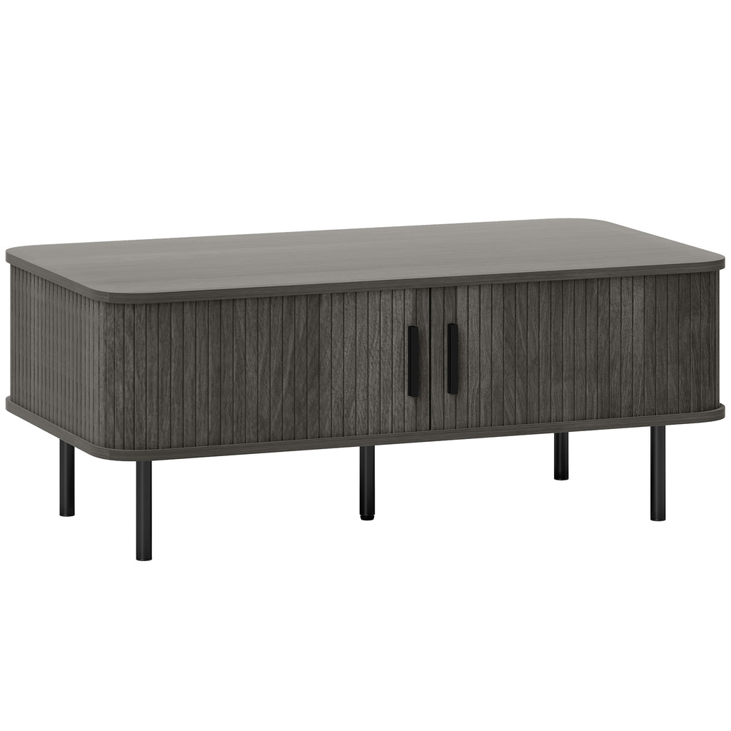 Coffee Table with Storage, Living Room Table with Slatted Tambour Sliding Doors and Adjustable Foot Pads, Rectangular Coffee Table with Elevated Base for Living Room, Grey Wood-Effect
