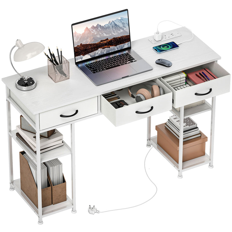 HOMCOM 120cm Computer Desk with Power Outlets, Office Desk Study Table with 3 Fabric Drawers and 4 Storage Shelves – view 10