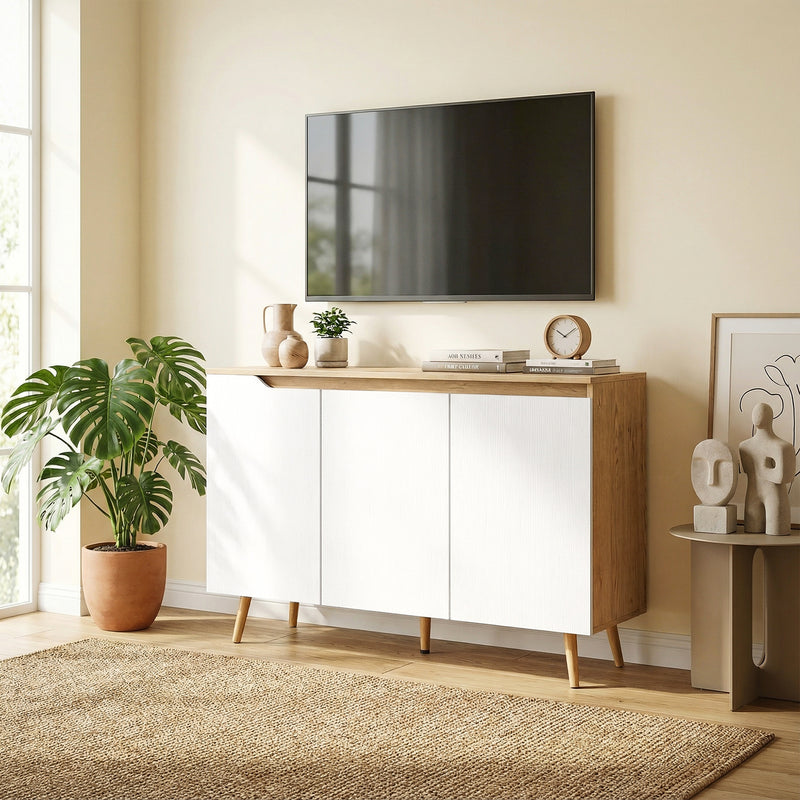 HOMCOM Sideboard Storage Cabinet, Kitchen Cupboard with 3 Doors, 2 Adjustable Shelves and 5 Rubberwood Legs, White and – view 8