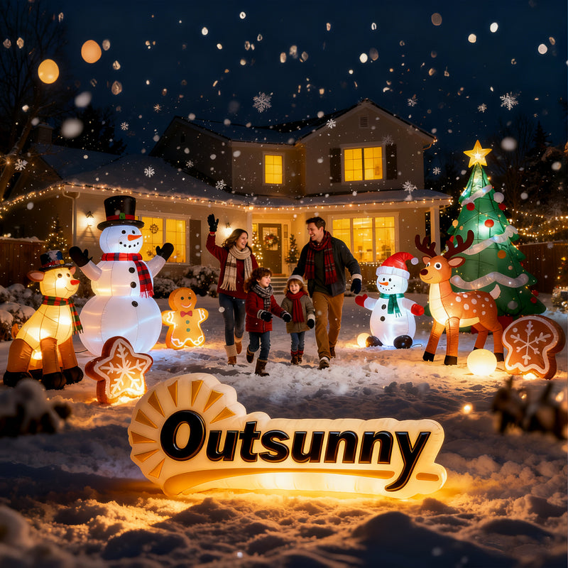 Illustrative Christmas scene with several inflatable decorations