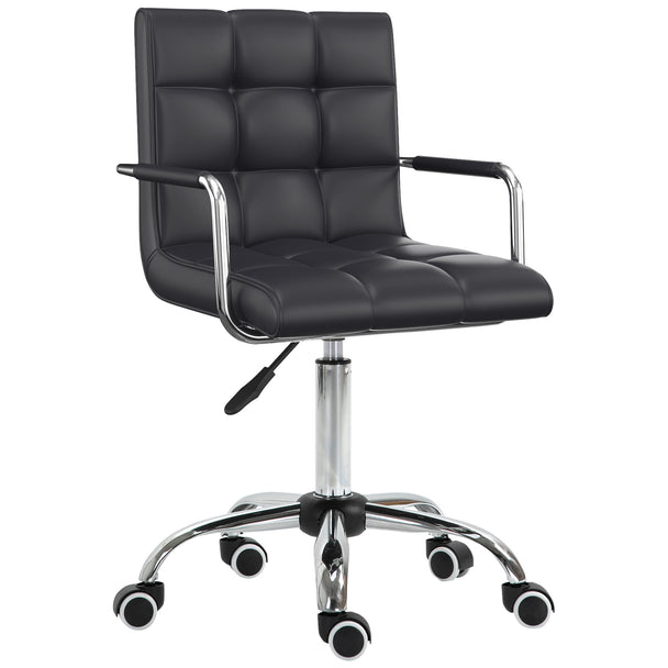 Black faux leather mid-back desk chair with fixed armrests and five swivel castor wheels