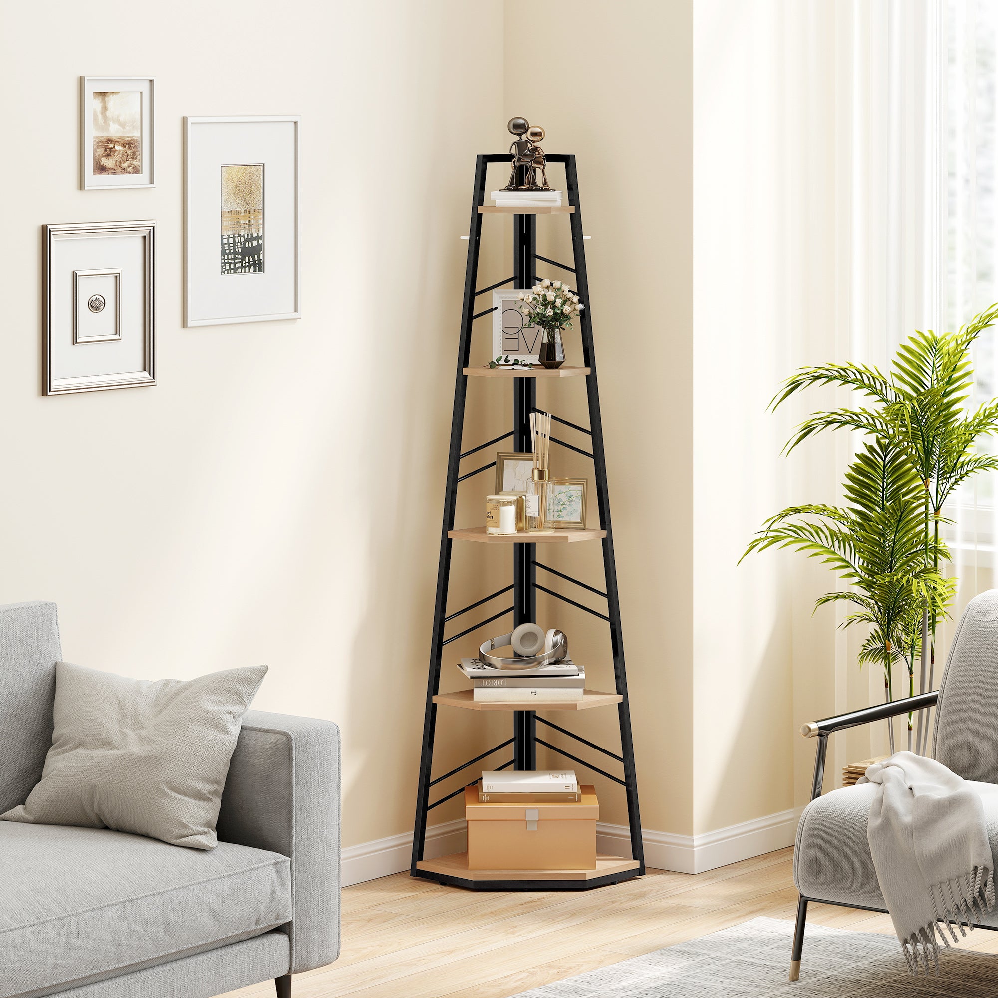Corner Bookcase, 5-Tier Floor Standing Bookshelf, Shelving Unit for Living Room, Study, Bedroom, Natural Wood Finish