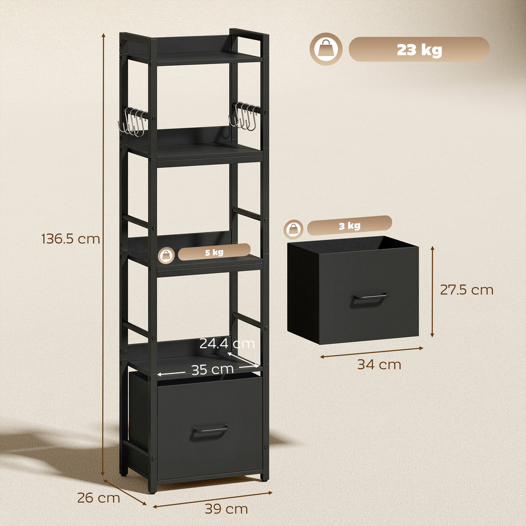 4-Tier Bookshelf, Narrow Bookcase with Drawer, 8 Hooks, Metal Frame, Black