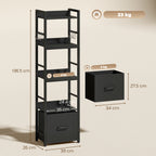 4-Tier Bookshelf, Narrow Bookcase with Drawer, 8 Hooks, Metal Frame, Black