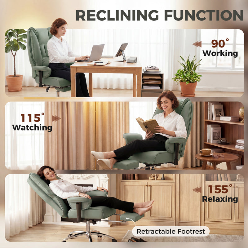 HOMCOM Executive Office Chair, Reclining Desk Chair with Footrest, Adjustable Armrests, Pet Friendly Faux Leather, Green – view 8