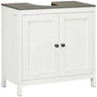 Antique white under sink bathroom cabinet with double doors and grey wood-grain top