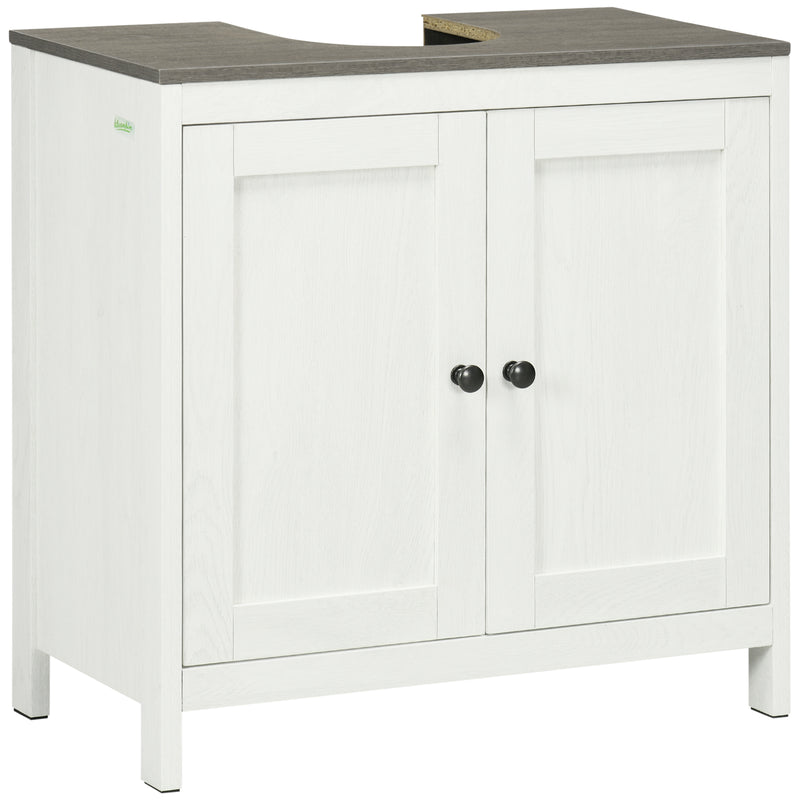 Antique white under sink bathroom cabinet with double doors and grey wood-grain top