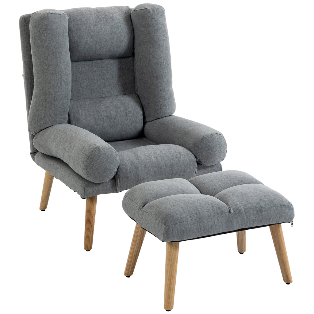 Recliner Chair with Footstool, Recliner Armchair with Adjustable Backrest, Thick Cushion and Wooden Legs, Grey