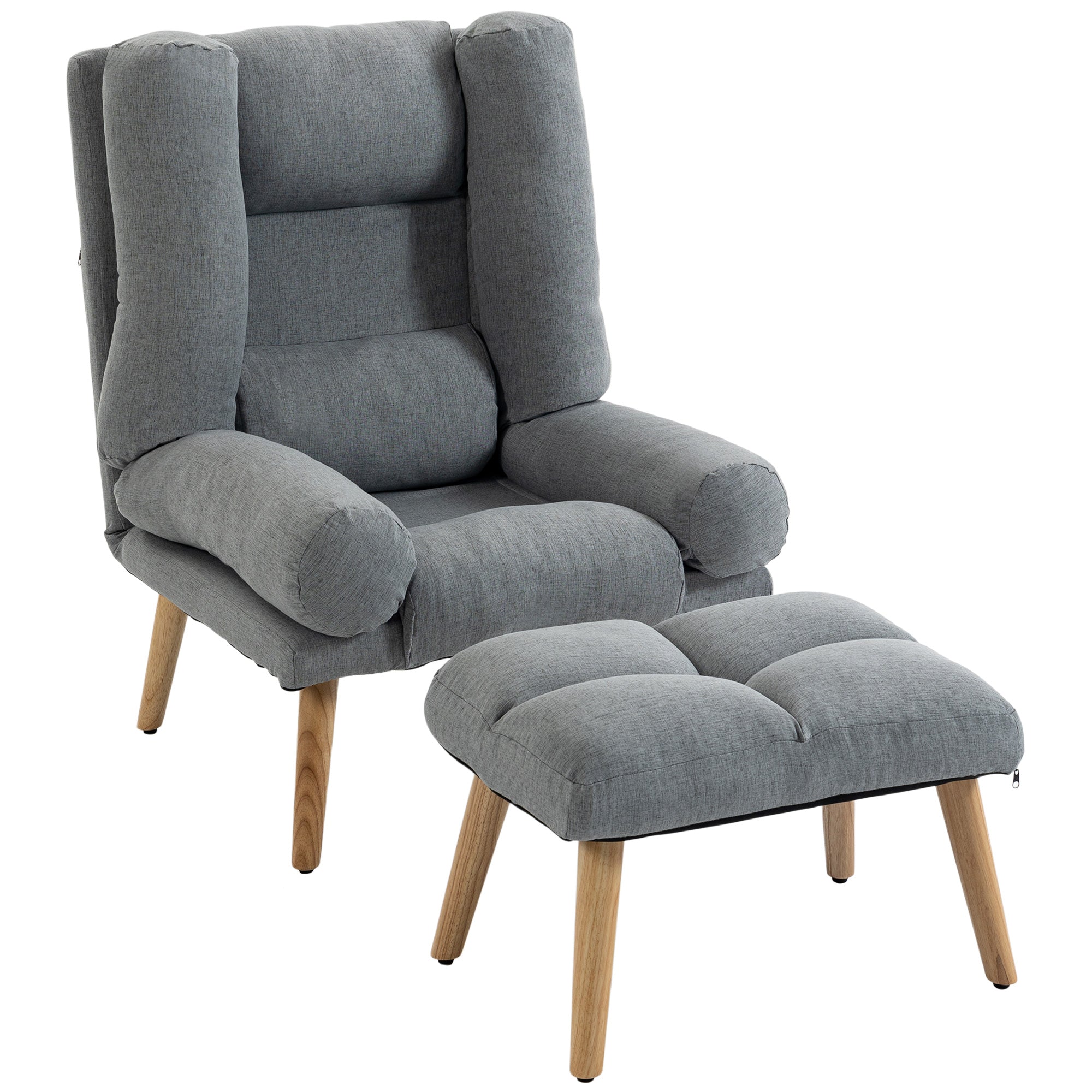 Recliner Chair with Footstool, Recliner Armchair with Adjustable Backrest, Thick Cushion and Wooden Legs, Grey