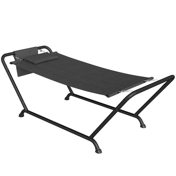 Outsunny Outdoor Hammock with Stand, Freestanding Hammock with Side Pocket, Headrest for Patio, Balcony, Porch, Dark