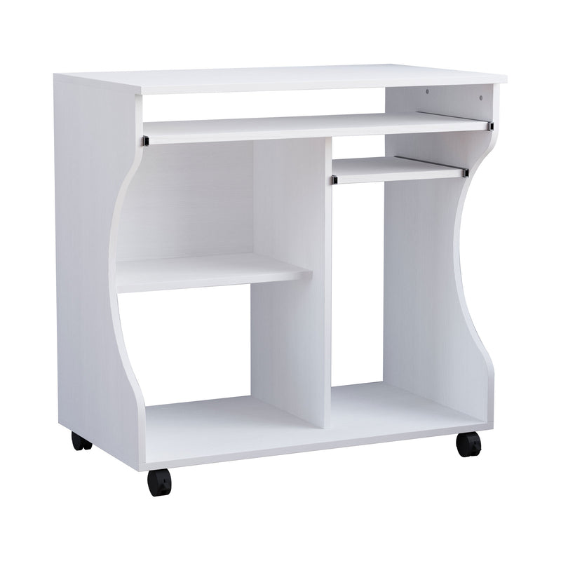 White compact computer desk on wheels with two pull-out keyboard trays, CPU shelf and storage shelves
