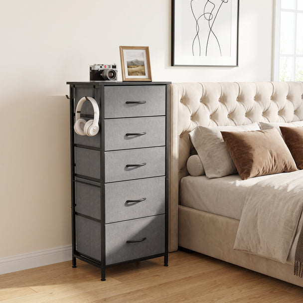 HOMCOM Chest of Drawers, Dresser with 5 Fabric Drawers, Tall Storage Unit with 4 Pockets and 2 Hooks Steel Frame – view 2