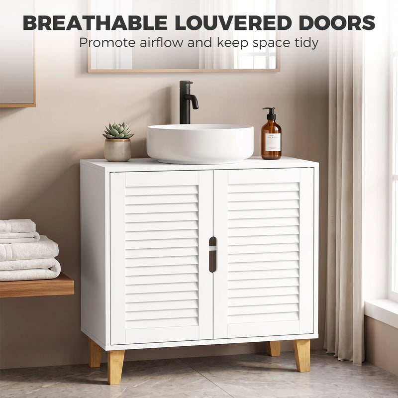 HOMCOM Under Sink Bathroom Cabinet Adjustable Shelf Under Sink Cabinet 2 Louvered Doors, White – view 6