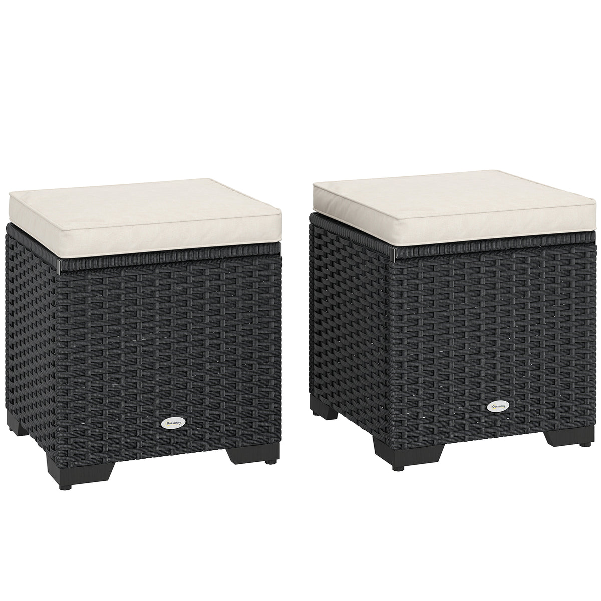 Outsunny Set of 2 Rattan Storage Ottoman, Outdoor Footstool with Removable Cushions, Garden Storage Seat for Balcony