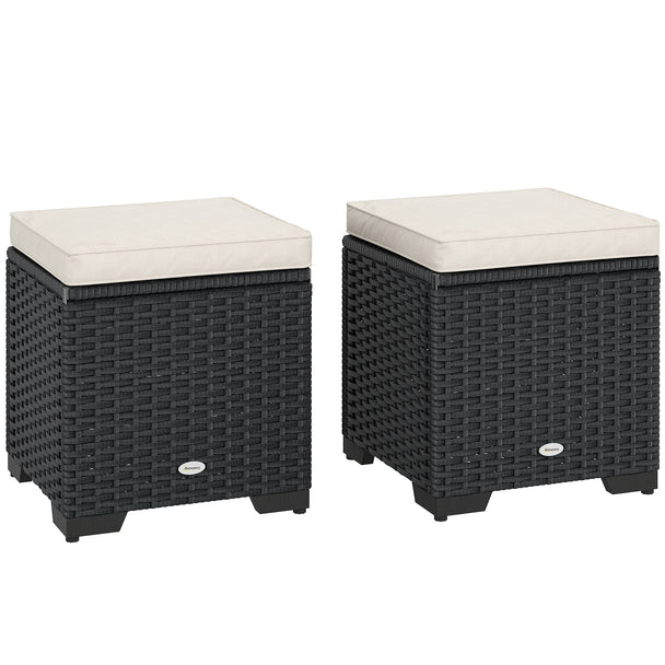 Outsunny Set of 2 Rattan Storage Ottoman, Outdoor Footstool with Removable Cushions, Garden Storage Seat for Balcony