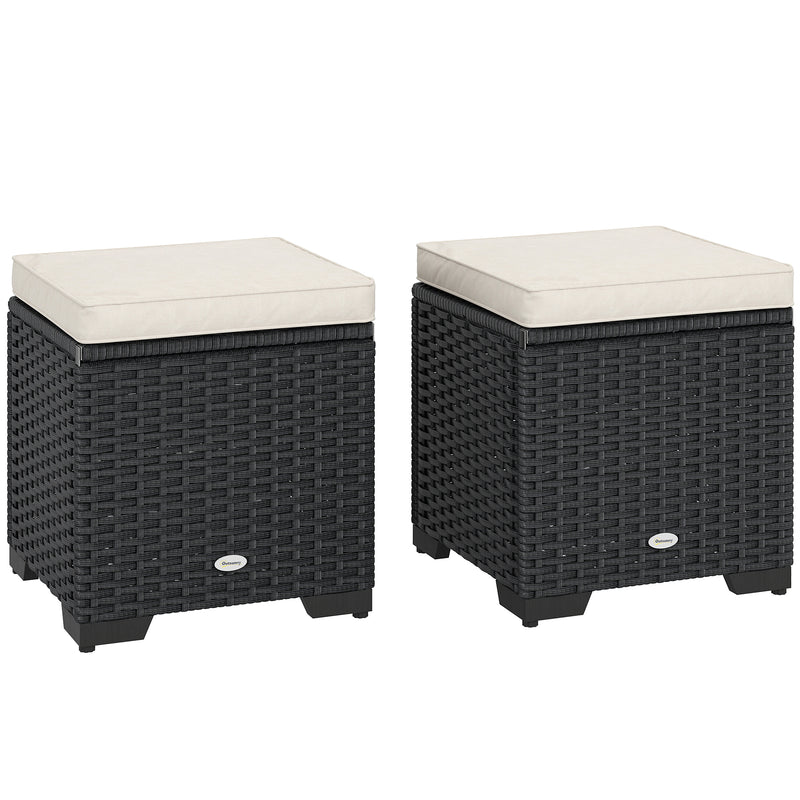 Outsunny Set of 2 Rattan Storage Ottoman, Outdoor Footstool with Removable Cushions, Garden Storage Seat for Balcony