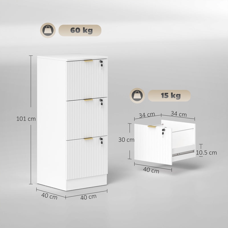 HOMCOM Filing Cabinet, Fluted Vertical File Cabinet with 3 Lockable Drawers and Hanging Rails, White – view 3