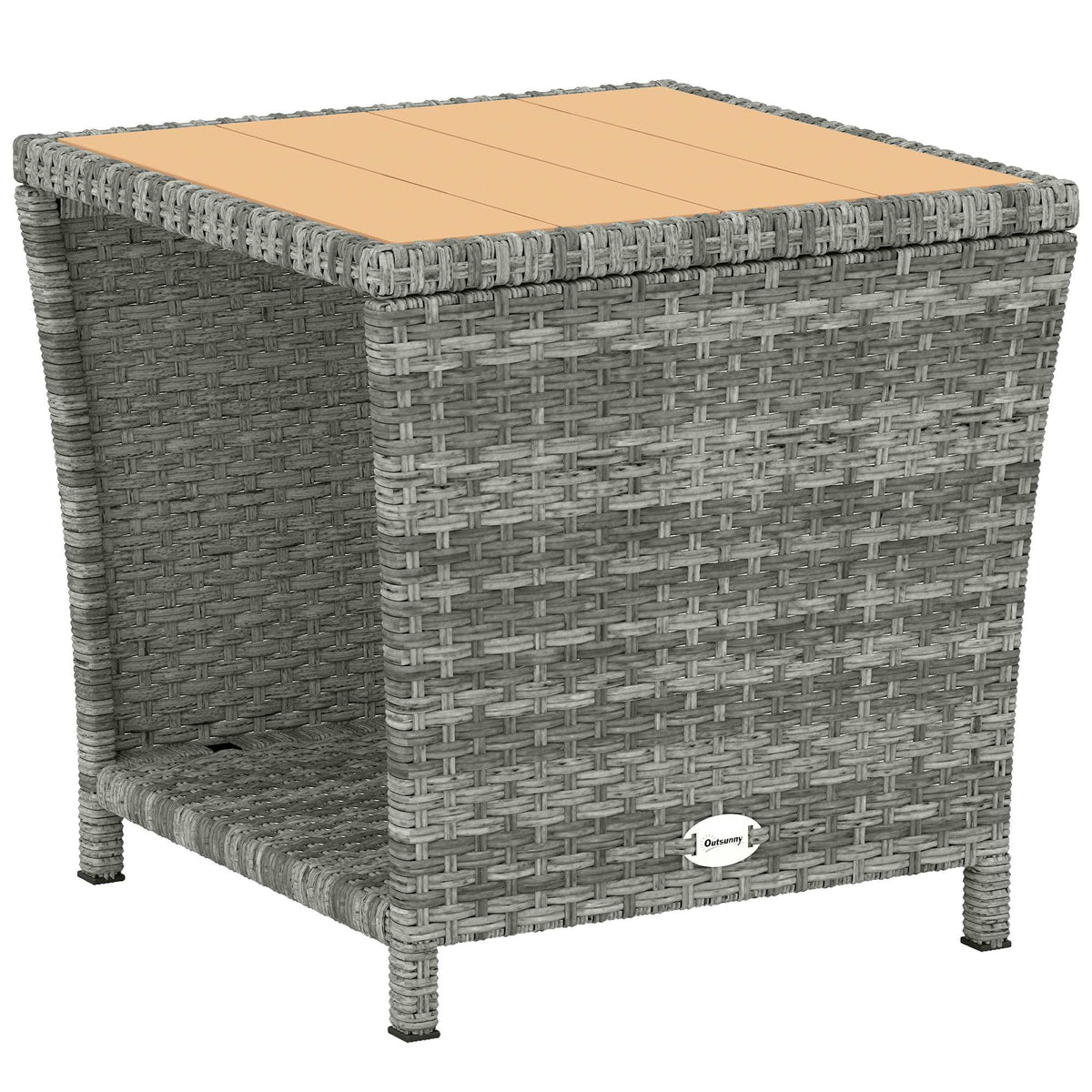 Outsunny Side Table 2-Tier Outdoor Coffee Table with Storage Shelf PS Wood Slat Top/Light Grey