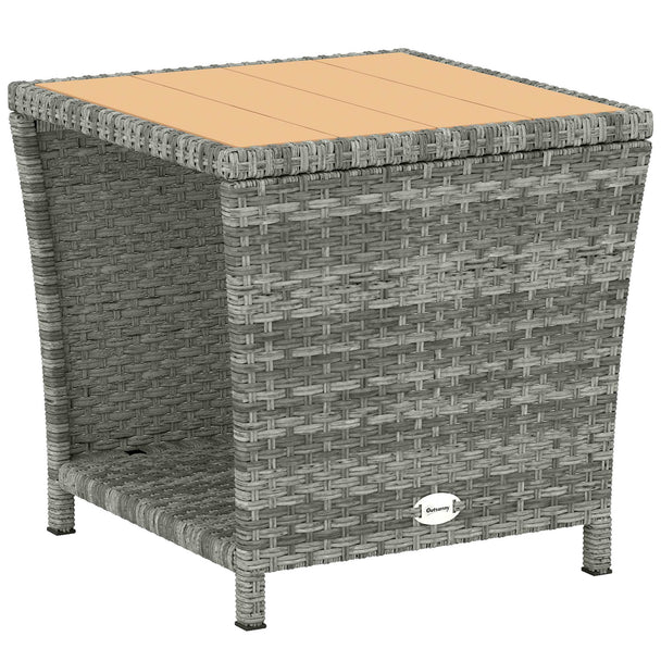 Outsunny Side Table 2-Tier Outdoor Coffee Table with Storage Shelf PS Wood Slat Top/Light Grey