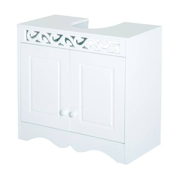 White under-sink bathroom cabinet with two carved doors and pre-cut top opening