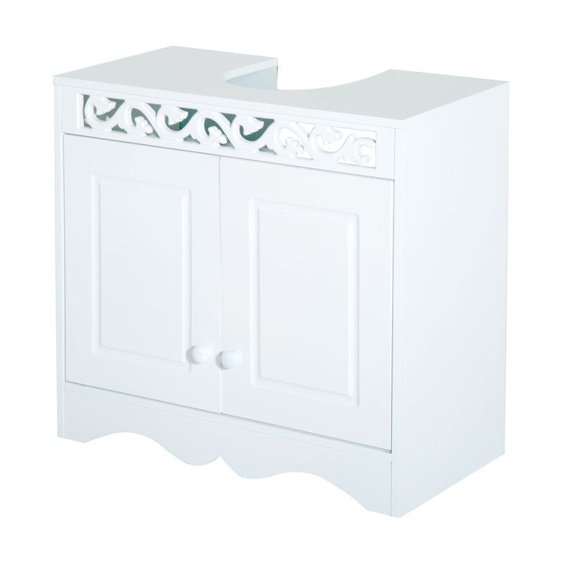 White under-sink bathroom cabinet with two carved doors and pre-cut top opening