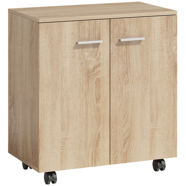 Natural wood-effect mobile storage cabinet with two doors and castors