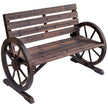 Brown fir wood 2-seater garden bench with wagon wheel armrests and high slatted back