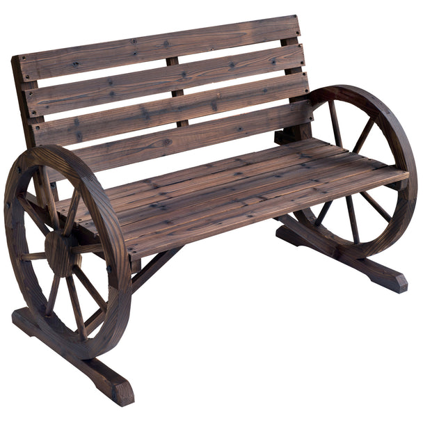 Brown fir wood 2-seater garden bench with wagon wheel armrests and high slatted back