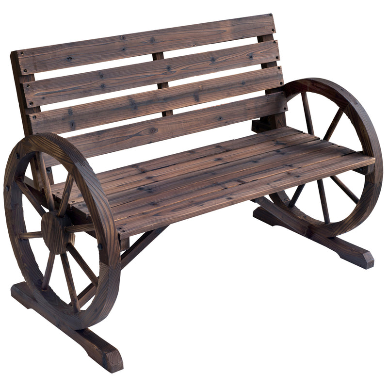 Brown fir wood 2-seater garden bench with wagon wheel armrests and high slatted back