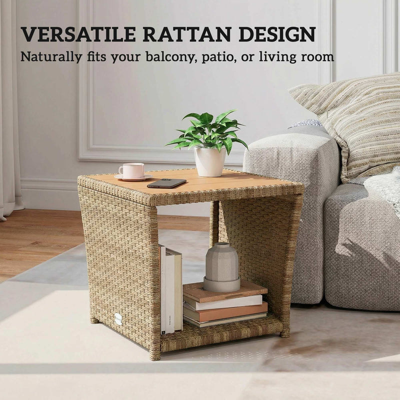 Outsunny Side Table 2-Tier Outdoor Coffee Table with Storage Shelf PS Wood Slat Top/Khaki – view 8