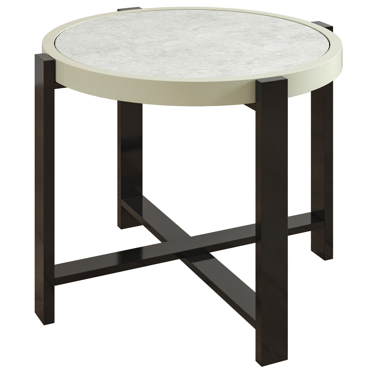 Light grey round garden side table with faux marble tempered glass top and aluminium frame