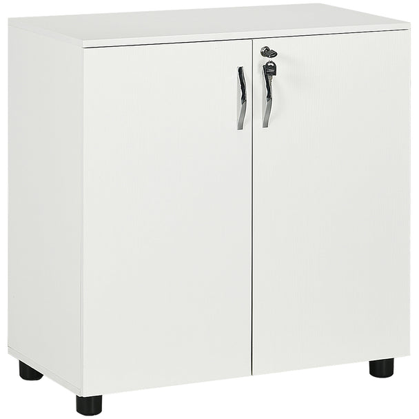 White two-door lockable office storage cabinet with inner shelf