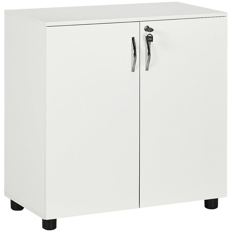White two-door lockable office storage cabinet with inner shelf