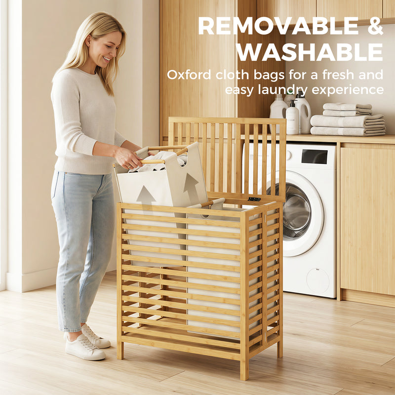 HOMCOM Bamboo Laundry Basket with Lid, 2 Baskets, Foldable, 64L, Natural and Cream White – view 6