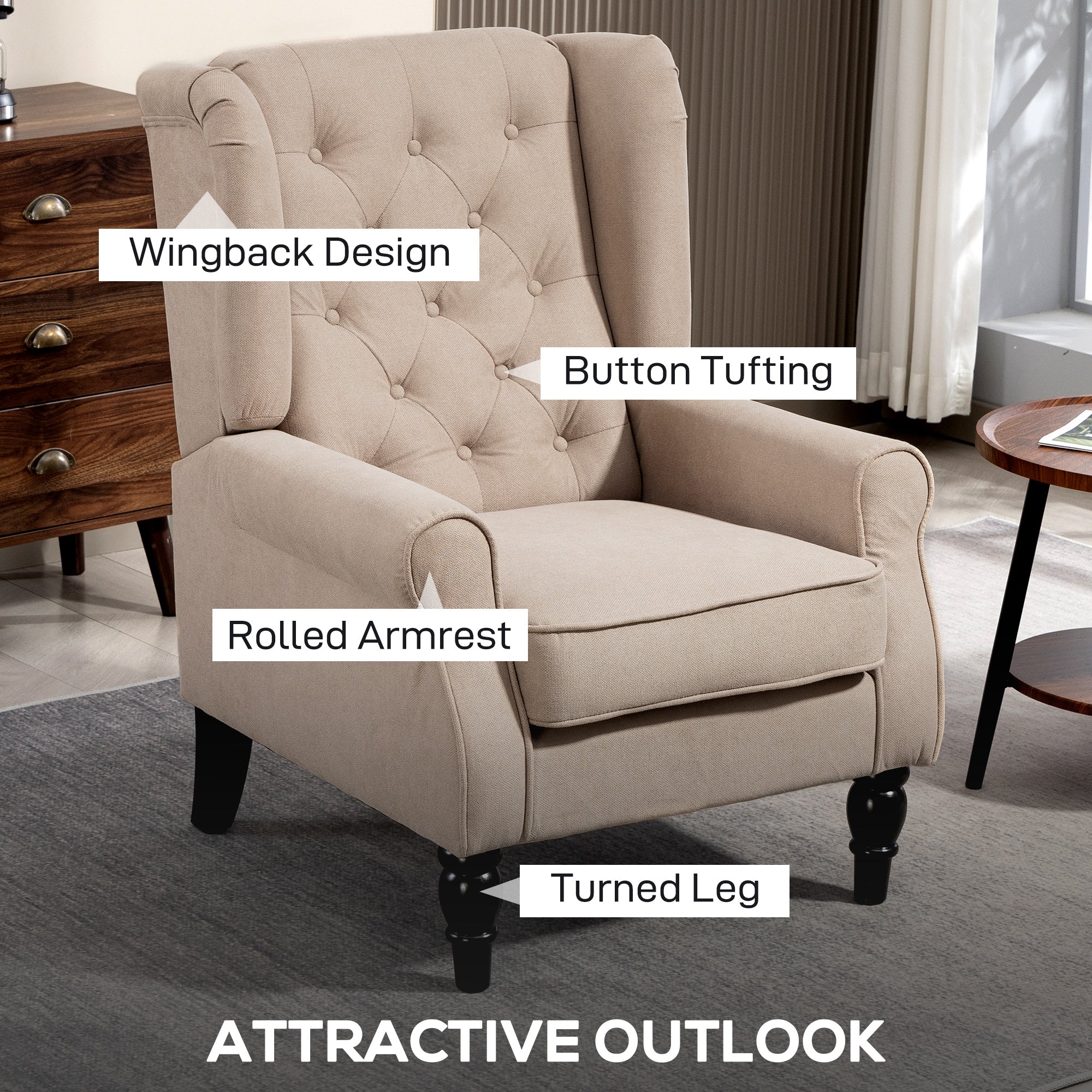 Wingback Accent Chair, Retro Upholstered Button Tufted Occasional Chair for Living Room and Bedroom, Beige