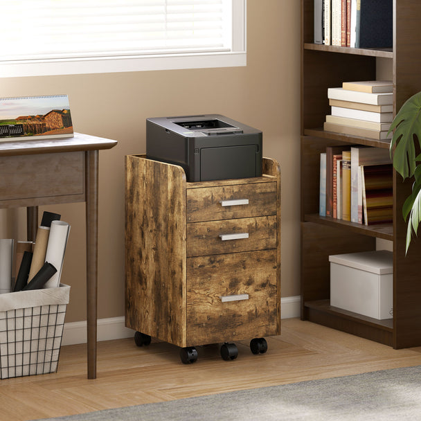 HOMCOM 3 Drawer Filing Cabinet, Rolling File Cabinet with Edged Top for Letter, A4 Size, Hanging File Folders, Rustic – view 2