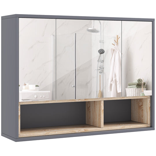 Grey 80 cm wall-mounted bathroom mirror cabinet with three mirrored doors and open shelves