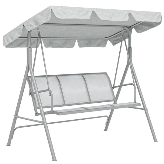 Light grey 3-seater metal garden swing with sling seat and UV-protected canopy