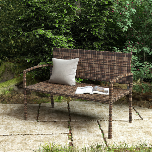 Outsunny All Weather Wicker Garden Loveseat, 2 Seater Poly Rattan Garden Bench, Outdoor Seating Bench Brown – view 2