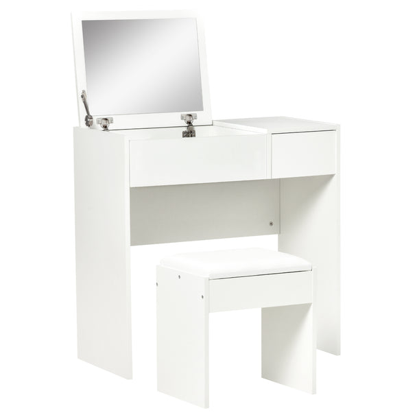 White 80 cm dressing table with flip-top mirror, drawer and cushioned stool