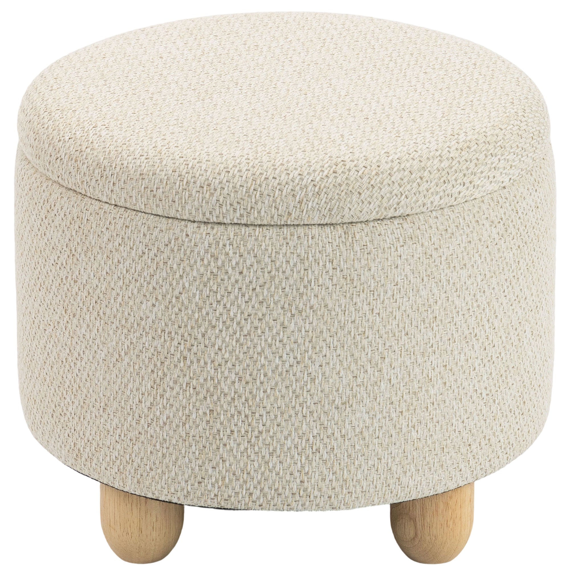Storage Sitting Bench with Lid, Round Storage Ottoman with Rubberwood Legs, Beige